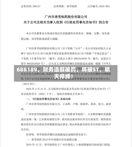 688189，财务造假被罚，将被ST，明天停牌！