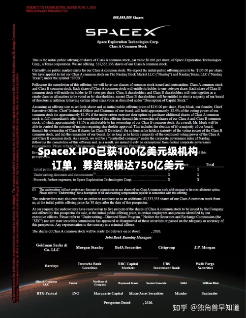 SpaceX IPO已获100亿美元级机构订单，募资规模达750亿美元